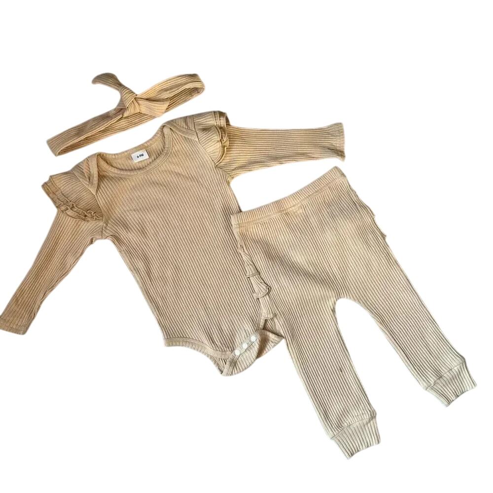 Baby Girl 2 Piece Beige Ribbed Outfit Set - Ruffle Bodysuit & Pants 6-9 Months